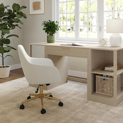 Martha Stewart Rayna Swivel Task Chair with Flared Arms for Home Office in Off White Fabric with Polished Brass Frame