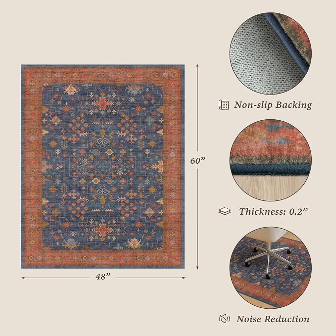 Navy Blue Boho Office Chair Mat for Hardwood Floors, 48x60 Non-Slip Washable Home Office Carpet, Tile Floor Protector for Computer Gaming Chair, Under Desk Rug with Ultra Soft & Low Pile
