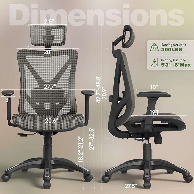 ELABEST T23 Ergonomic Mesh Office Chair, High Back Computer Desk Chair, Breathable AirMesh with Dual-Move Lumbar Support, 3D Armrests & Headrest, Tilt Lock, Big and Tall for Home Office (Mocha)