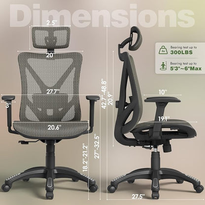 ELABEST T23 Ergonomic Mesh Office Chair, High Back Computer Desk Chair, Breathable AirMesh with Dual-Move Lumbar Support, 3D Armrests & Headrest, Tilt Lock, Big and Tall for Home Office (Mocha)