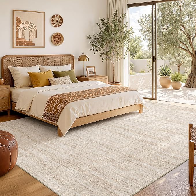 Nakagishi 7X9 Area Rugs Living Room: Washable Large Vintage Rug Neutral Non-Slip Soft Stain Resistant Indoor Carpet for Bedroom Nursery Dining Room Office Playroom - Beige