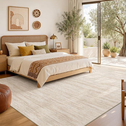 Nakagishi 7X9 Area Rugs Living Room: Washable Large Vintage Rug Neutral Non-Slip Soft Stain Resistant Indoor Carpet for Bedroom Nursery Dining Room Office Playroom - Beige