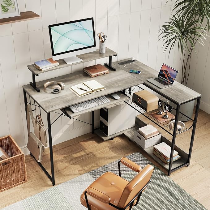 L Shaped Gaming Desk with Power Outlets & RGB Lights, 46'' L- Shaped Desk Computer Corner Desk with Monitor Stand & Storage Shelf & Hook, Home Office Desk Writing Desk, Grey
