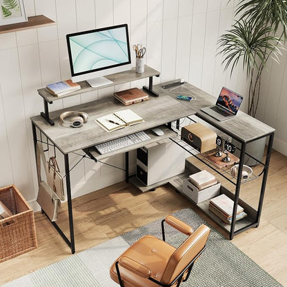 L Shaped Gaming Desk with Power Outlets & RGB Lights, 46'' L- Shaped Desk Computer Corner Desk with Monitor Stand & Storage Shelf & Hook, Home Office Desk Writing Desk, Grey