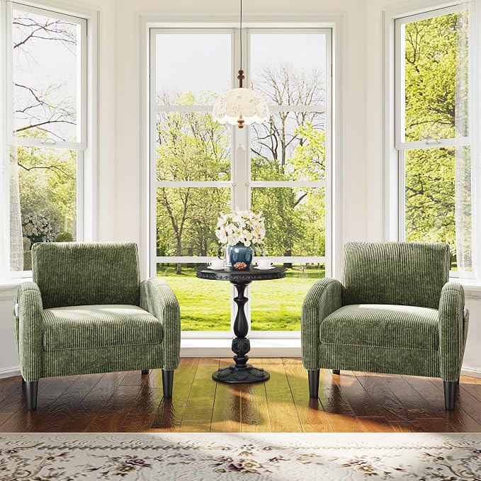 Homkdom Accent Chairs Set of 2,Mid Century Modern Reading Chair with 2 Side Pockets,Upholstered Armchair for Living Room Apartment,Small Room,Green