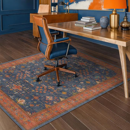 Navy Blue Boho Office Chair Mat for Hardwood Floors, 48x60 Non-Slip Washable Home Office Carpet, Tile Floor Protector for Computer Gaming Chair, Under Desk Rug with Ultra Soft & Low Pile