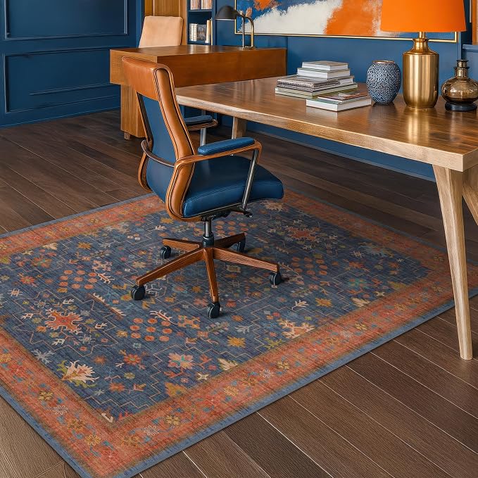 36"x48" Navy Blue Boho Office Chair Mat for Hard Wood & Tile Floor, Low Pile Carpet Floor Protector for Rolling Chair, Machine Washable Under Desk Rug, Non Slip Rubber Backing