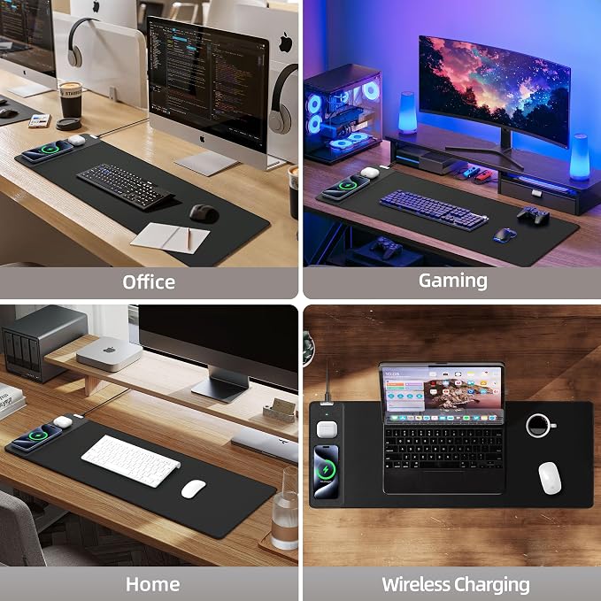 Mouse Pad with Wireless Charging, Gaming Mouse Pad with Ultra-Smooth Surface, Large XXL Desk Mat, Non-Slip Mouse Mat, Waterproof Computer Keyboard Pad for Gaming, Desk, Office, PC, 800x300x4MM, Black