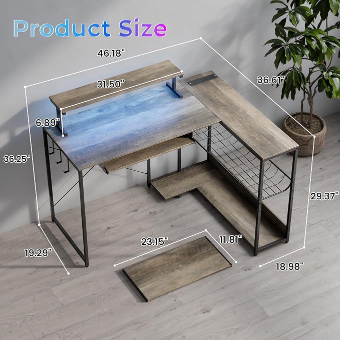L Shaped Gaming Desk with Power Outlets & RGB Lights, 46'' L- Shaped Desk Computer Corner Desk with Monitor Stand & Storage Shelf & Hook, Home Office Desk Writing Desk, Grey