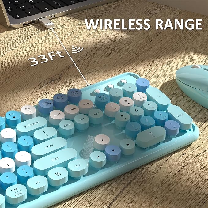 Links9+ Wireless Keyboard and Mouse, Full-Size Retro Typewriter Keyboard with Round Keycaps, 2.4GHz for Windows, Mac, Laptop, PC, Desktop (Blue Colorful)