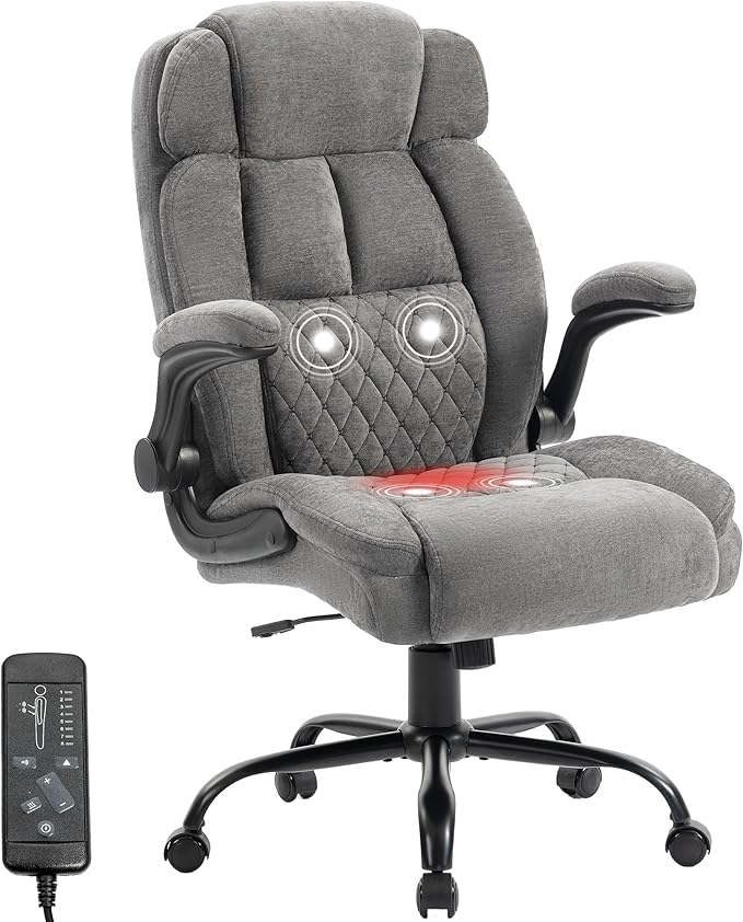Massage Office Chair, 500LBS Ergonomic Rocking Executive Desk Chairs with 4 Points Vibration&Heat,Padded Flip-up Armrests for Big and Tall Office Chair,Swivel Computer Chair Thicken Back,Fabric Grey