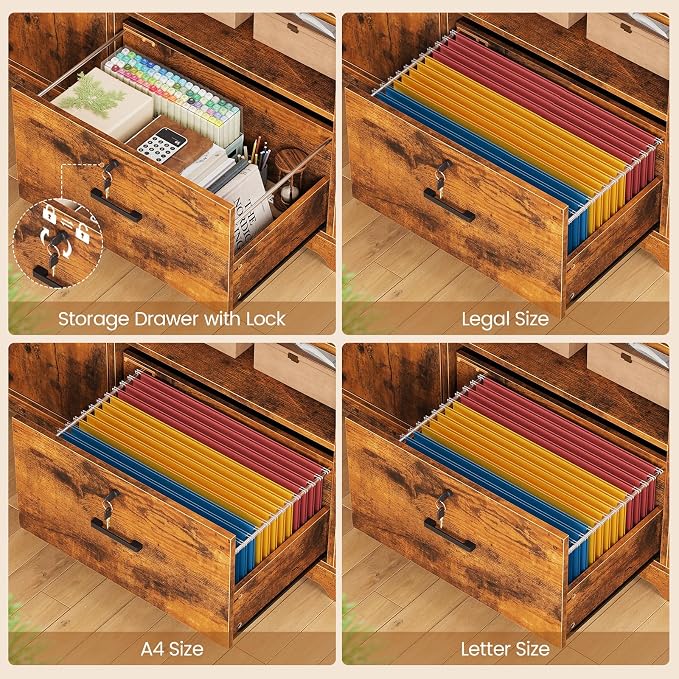 SEDETA 56.7" L Shaped Standing Desk, Reversible Computer Office Desk with Drawers & Hutch, Stand Up Corner Gaming Desks with LED Lights & Power Outlets for Home Office, Rustic Brown