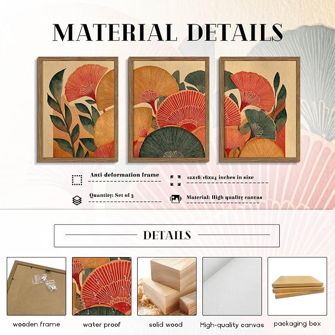 Framed Colorful Botanical Wall Art Set of 3, Vintage Ginkgo Leaves Canvas Wall Decor Paintings, Mid Century Abstract Flowers Posters Prints Pictures for Living Room Bedroom Bathroom 16x24 Inch