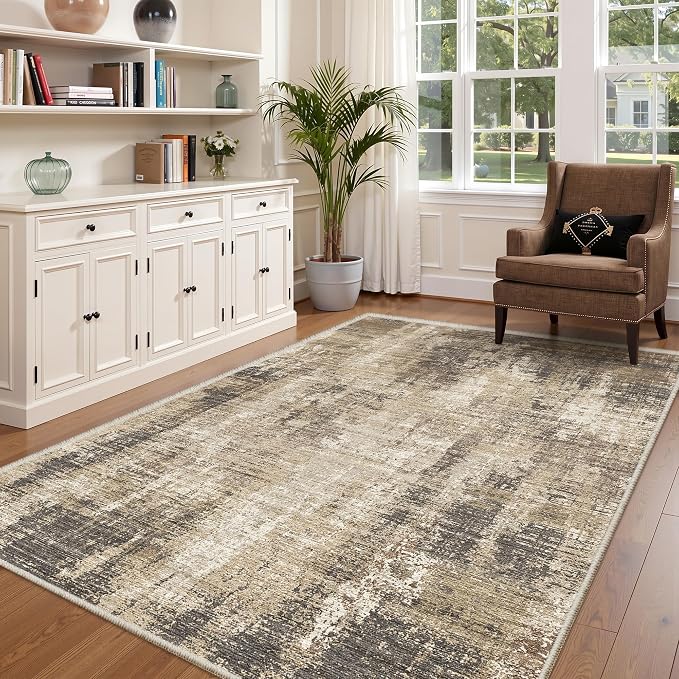 Valenrug Washable Rugs 6x9 - Ultra Thin Stain Resistant 6x9 Rugs for Living Room, Non Slip Backing 0.25" Low Pile Abstract Rugs for Bedroom, Folable Machine Washable Area Rug(6'x9', Taupe)