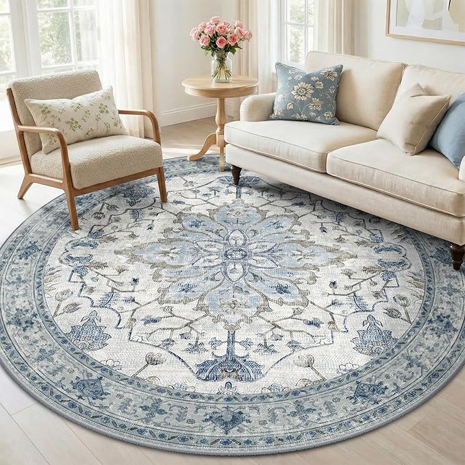 RELEANY Area Rugs Round 6ft Washable Non-Slip, Floral Vintage Distress Medallion Carpet for Living Room Bedroom Dining Room, Light Blue Navy Gray White