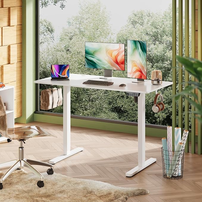 DEVAISE 48 Inch Electric Standing Desk, 3 Adjustable Computer Desk for Home Office, Ergonomic Sit to Stand Desk with LED Touchscreen，Headphone Hook, 3 Memory Preset, with One-Piece Desktop, White