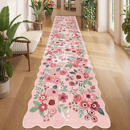 DUKINO Washable 2.6x12 Runner Rug for Hallway, Non Slip Floral Washable Kitchen Rug with Low Pile Design, Boho Stain Resistant Floor Carpet Runner for Entryway, Bathroom, Laundry, Bedroom, Pink