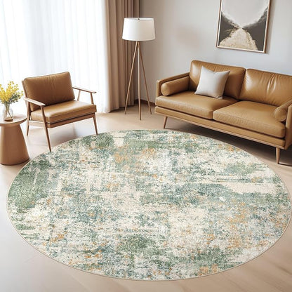 5ft Round Rug Living Room Rugs: 5x5 Washable Circle Large Abstract Modern Soft Stain Resistant Non-Slip Indoor Floor Carpet for Bedroom Nursery Office Dining Room Playroom Home House- Green