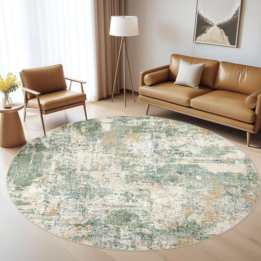 5ft Round Rug Living Room Rugs: 5x5 Washable Circle Large Abstract Modern Soft Stain Resistant Non-Slip Indoor Floor Carpet for Bedroom Nursery Office Dining Room Playroom Home House- Green