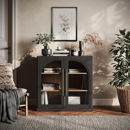 BELLEZE 32.5" Kitchen Storage Cabinet with Adjustable Shelves,Freestanding Accent Cabinet with Fluted Arched Design & Gold Handles,Modern Credenza for Living Room,Dining Room,Entryway - Ebony