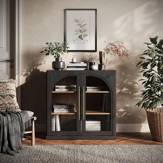 BELLEZE 32.5" Kitchen Storage Cabinet with Adjustable Shelves,Freestanding Accent Cabinet with Fluted Arched Design & Gold Handles,Modern Credenza for Living Room,Dining Room,Entryway - Ebony