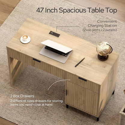 EYYTHUNG 47" Fluted Executive Desk, Modern Wood Home Office Desk with Charging Station, Drawer & Cabinet, Computer Writing Desk for Work Study, Light Oak