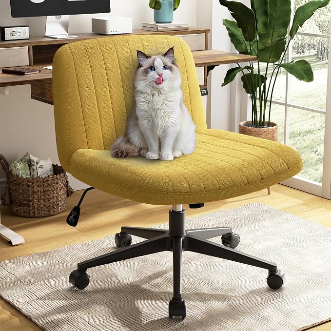SUNLEI Cross Legged Office Chair with Wheels, Armless Wide Chair's for Vanity Desk, Criss Cross Comfy Chairs with Back, Desk Chair/s of Height Adjustable Swivel, Yellow