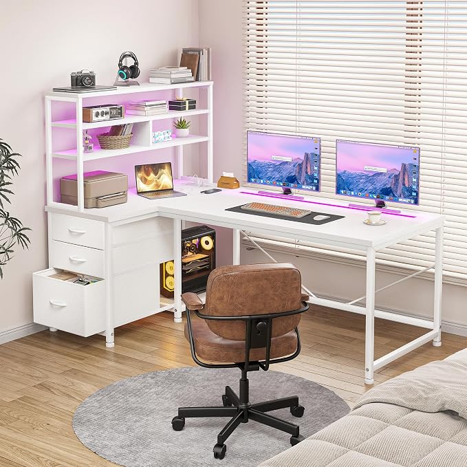 55''L Shaped Desk White Desk with 3 Fabric Drawers & Shelf, 55 Inch Computer Gaming Desk with Remote LED Lights, Power Outlet and PC Stand of Corner Desk for Home Office,Vanity Desk for Bedroom,White