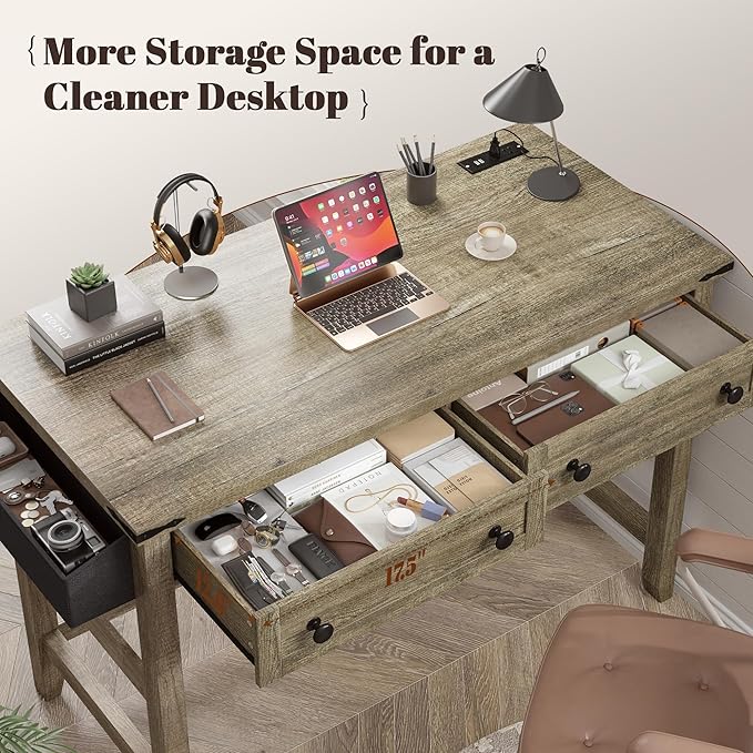EnHomee 40" Small Desk with Power Outlets, Computer Desk with 2 Drawers for Bedroom and Home Office, Writing Desk with a Side Pocket, Vanity Desks for Bedroom, Dark Rustic Oak