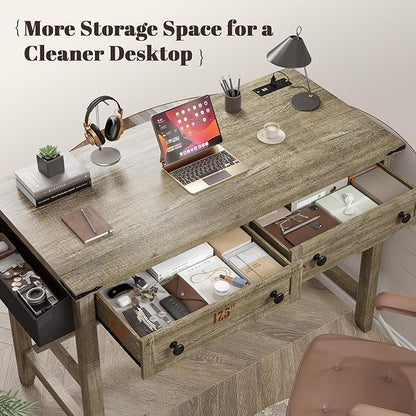 EnHomee 40" Small Desk with Power Outlets, Computer Desk with 2 Drawers for Bedroom and Home Office, Writing Desk with a Side Pocket, Vanity Desks for Bedroom, Dark Rustic Oak