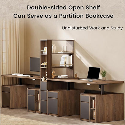 ModernMate Furniture Set, 70.8'' Executive Standing Desk with 71'' Tall Bookcase, AC/USB, File Cabinet, Double-Sided Narrow Display Shelves, Home Office Wood Storage Furniture, Black Walnut