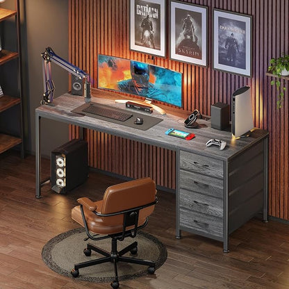 PRAISUN 55.1 Inch Computer Office Desk with Power Outelts and USB-C Port, Reversible Gaming Desk with 4 Fabric Drawers, Work Study Desk Work from Home, Grey