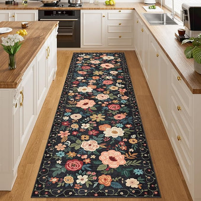 DUKINO Runner Rug for Hallway, 2.6x10 Washable Floral Long Kitchen Rug with Non Slip Backing, Boho Lightweight & Stain Resistant Soft Runners for Indoor Entrance, Laundry, Living Room, Bedroom, Black
