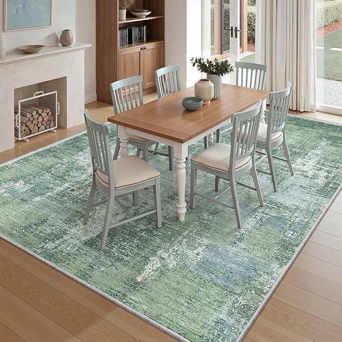 Valenrug Washable Rugs 6x9 - Ultra Thin Stain Resistant 6x9 Rugs for Living Room, Non Slip Backing 0.25" Low Pile Abstract Rugs for Bedroom, Folable Machine Washable Area Rug(6'x9', Sage Green)