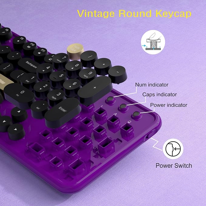Links9+ Retro Wireless Keyboard and Mouse Combo, 104-Key Full-Size Floating Round Keycaps, 2.4G Plug & Play, USB & Type-C Ready, Ergonomic Set for Mac, Laptop, PC, Windows (Purple-Black)