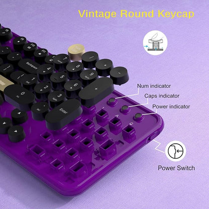 Links9+ Retro Wireless Keyboard and Mouse Combo, 104-Key Full-Size Floating Round Keycaps, 2.4G Plug & Play, USB & Type-C Ready, Ergonomic Set for Mac, Laptop, PC, Windows (Purple-Black)
