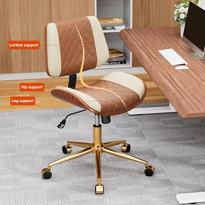 Home Office Desk Chair with Swivel Wheels, Modern PU Leather Armless Office Chair, Small Mid Back Computer Chair for Home Office, Reading Meeting Room (Brown and Beige, Gold Wheels)