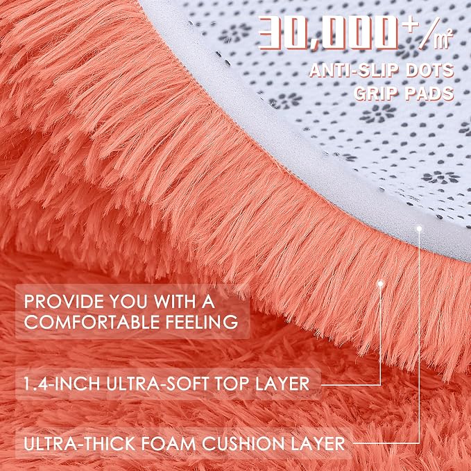 OLANLY 2x3 Machine Washable Small Bedside Rug, Soft Fluffy Shaggy Entryway Throw Rugs for Bedroom, Living Room, Indoor Floor Carpet for Kids Girls and Boys, Home Decor Aesthetic, Coral Red