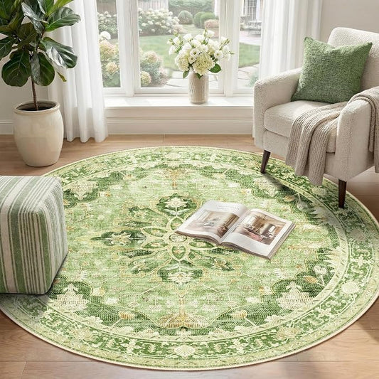 RELEANY Area Rugs Round 4ft Washable Non-Slip, Floral Vintage Distress Medallion Carpet for Living Room Bedroom Dining Room, Sage Green Yellow