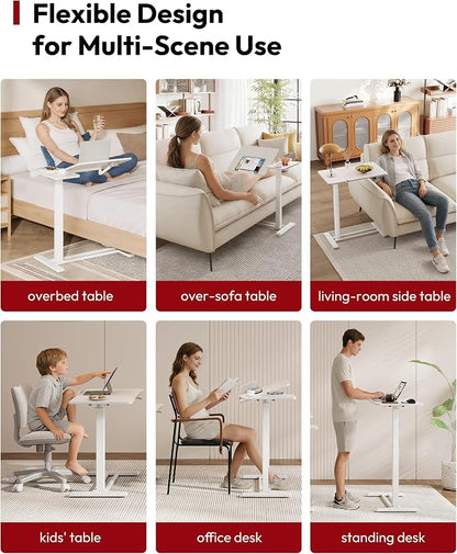 SANODESK Small Rolling Overbed Table Adjustable Height with Wheels, Mobile Laptop Desk with Tilting Desktop, Portable Computer Workstation for Home Office, Classroom, Bedside, White