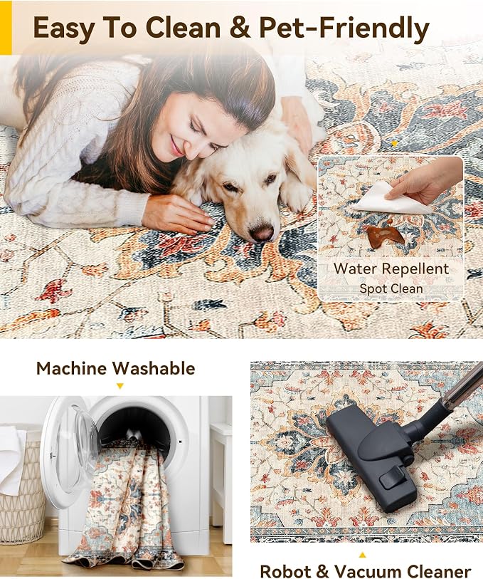 RELEANY Area Rugs 6'x8' Washable Non-Slip, Floral Vintage Distress Medallion Carpet for Living Room Bedroom Dining Room, Beige Navy Blue Orange Colorful