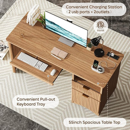 Bestier Computer Desk with Drawer, 55 inch Office Desk with Power Outlet, Modern Home Office Desk with Keyboard Tray (55" W with Single-Sided Drawers)