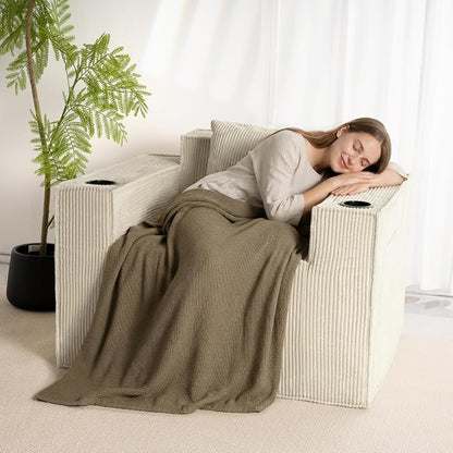 Cloud Single Sofa,Chaise Lounge Chair with Cup Holder & Side Pocket,Elevated Seat Height,No Assembly Required,Boneless Corduroy Chair for Small Space,Bedroom,Office (White, Single Sofa)
