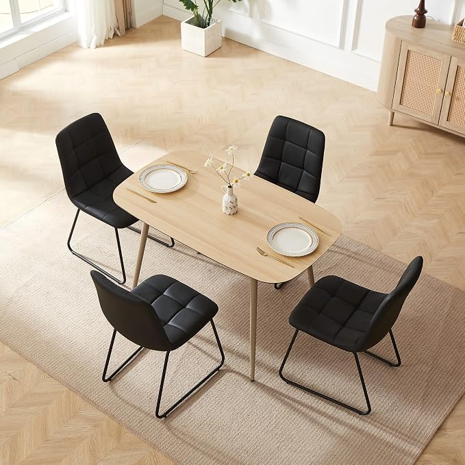 HIPIHOM 47.2" Modern Dining Table Set for 4, Wood Table with 4 Black Leather Chairs, Stylish Kitchen & Dining Room Furniture, Space-Saving Table and Chairs Set