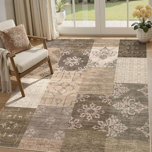 UERMEI 5x7 Area Rug for Living Room, Washable Brown Modern Geometric Patchwork Non Slip Stain Resistant Low Pile Foldable Carpet for Bedroom Dining Farmhouse Home Office