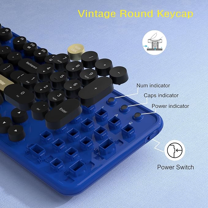 Links9+ Wireless Keyboard and Mouse Combos, Retro Keyboard and Mouse Wireless Full Size, 2.4Ghz Connection and Optical Mouse for Windows, Mac, PC, Laptop for Home and Office (Jewel Blue-Black)