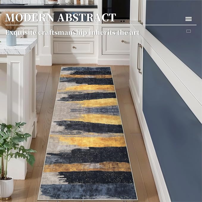 Ciicool 2x6 Washable Runner Rug, Modern Abstract Hallway Rugs Runner, Non-Slip Thin Accent Rug Lightweight Black Gold Print Distressed Carpet for Laundry Entryway Bedroom Kitchen Indoor