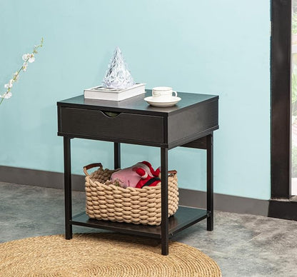 JJS Side End Table, Nightstand, Bedside Table with Drawer and Storage Shelves, Sofa Table for Living Room, Bedroom, Accent Furniture, Easy Assembly, Black