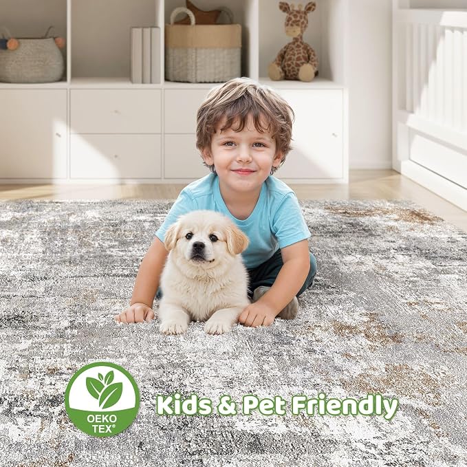 12x15 Area Rug Living Room: Washable Large Abstract Modern Soft Rugs Stain Resistant Indoor Floor Non Slip Accent Carpet for Bedroom Nursery Playroom Office Dining Room Dorm Home House- Gray Rust
