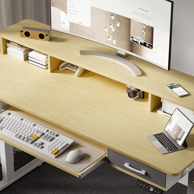 WALKINGDESK 55 Inches Electric Standing Desk with Keyboard Tray, Height Adjustable Sit to Stand Table with 2 Drawers, Ergonomic Home Office Desk with Storage Shelf, Computer Table, Oak